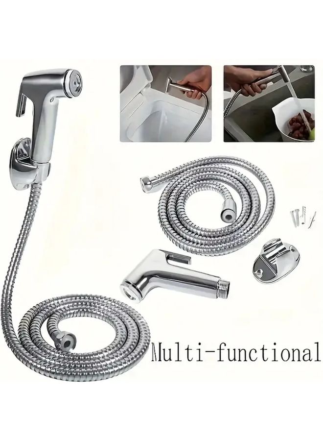 Silver Toilet Spray Gun Bidet Set With Hose High Pressure Spray Head Bathroom Accessory - Image 2