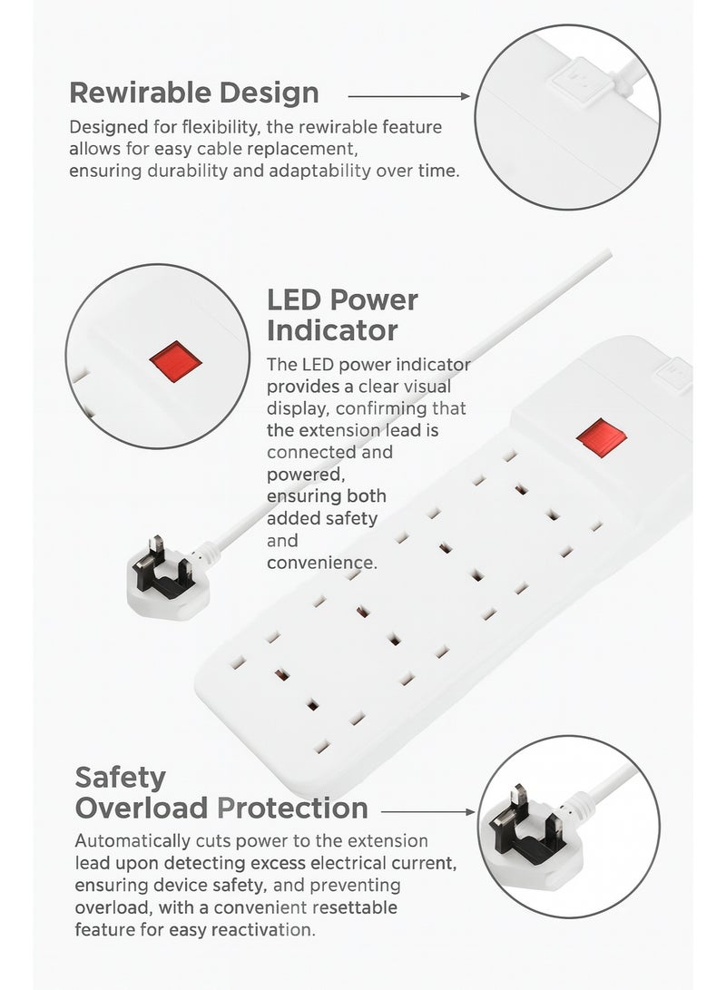 ماستربلاج مشترك كهرباء ماستر بلج 8 مخارج مع كابل 3 متر 13 أمبير مع مفتاح تشغيل ولمبة مؤشر وحماية من الحمل الزائد – أبيض - Image 5