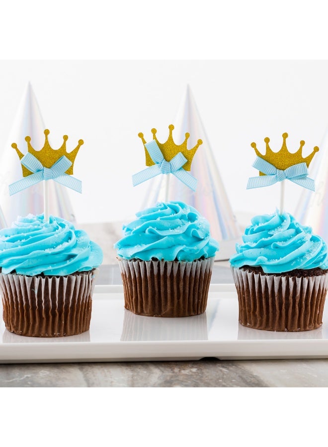 Restaurantware Top Cake Inch Crown Cupcake Toppers, 100 Glitter Crown Cupcake Picks - Blue Bow, For Birthday Parties Or Baby Showers, Gold Paper Crown Cake Decorations, Royal Prince Theme Decorations - Image 3