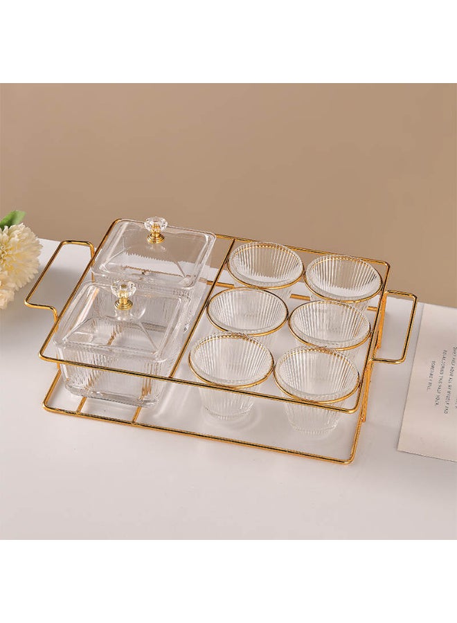 SAQOWARE Premium 6-Piece Clear Arabic Cawa Coffee Cups and 2-Piece Candy Bowls Set with Elegant Golden Metal Rack – Luxurious Arabic Kahwa Cups Serving Kahwa, Arabic cofee Set for Home, Majlis, Guest Hospitality, and Special Gatherings, wedding majlis and Campings  - Image 1