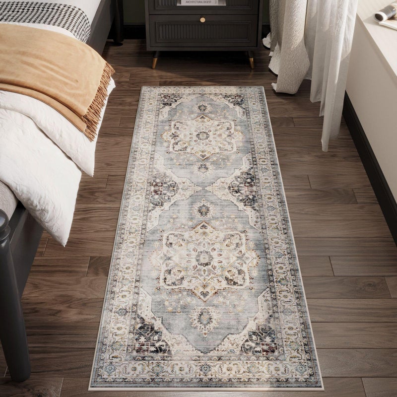 Rugcomf Vintage Medallion Kitchen Rugs Non Slip Washable 2'7"x8' - Low Pile Runner Rug, Boho Carpet for Hallways, Laundry, Bedroom, Bathroom - Grey and White - Image 3
