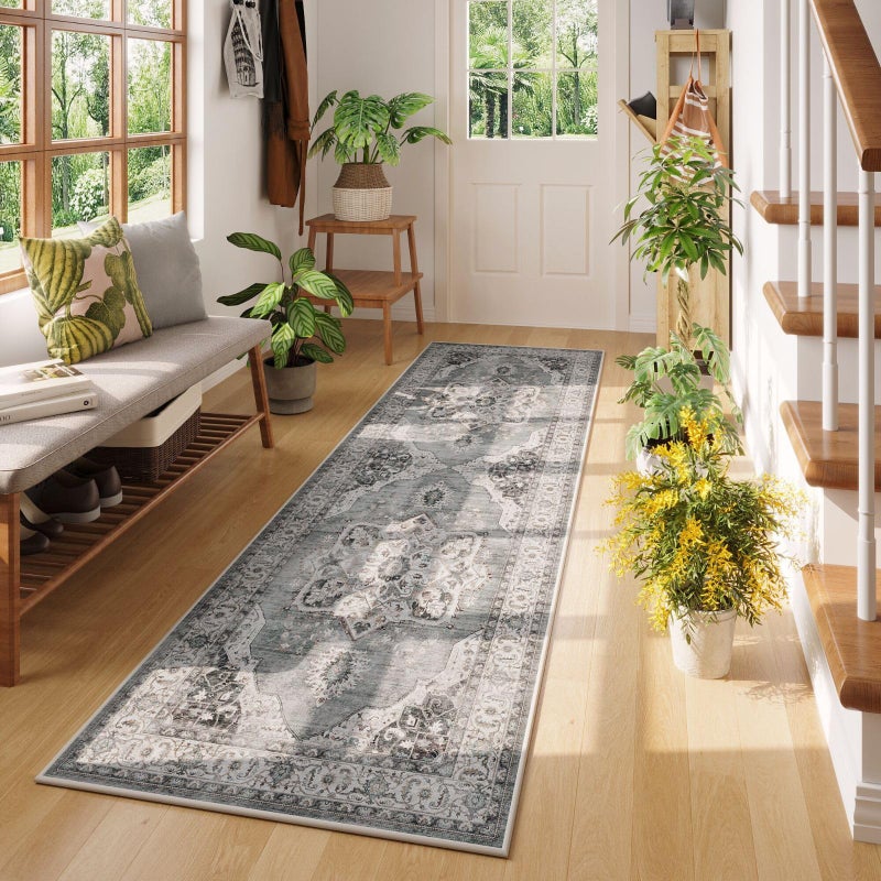 Rugcomf Vintage Medallion Kitchen Rugs Non Slip Washable 2'7"x8' - Low Pile Runner Rug, Boho Carpet for Hallways, Laundry, Bedroom, Bathroom - Grey and White - Image 2