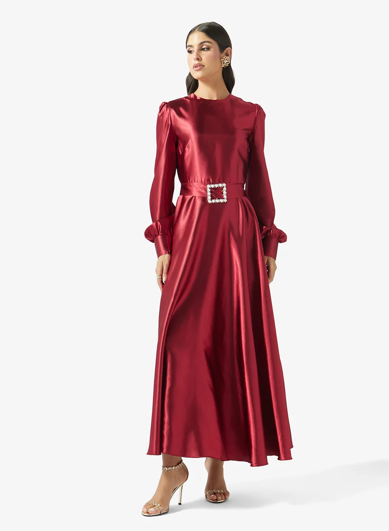 Belted Long Sleeve Midi Dress