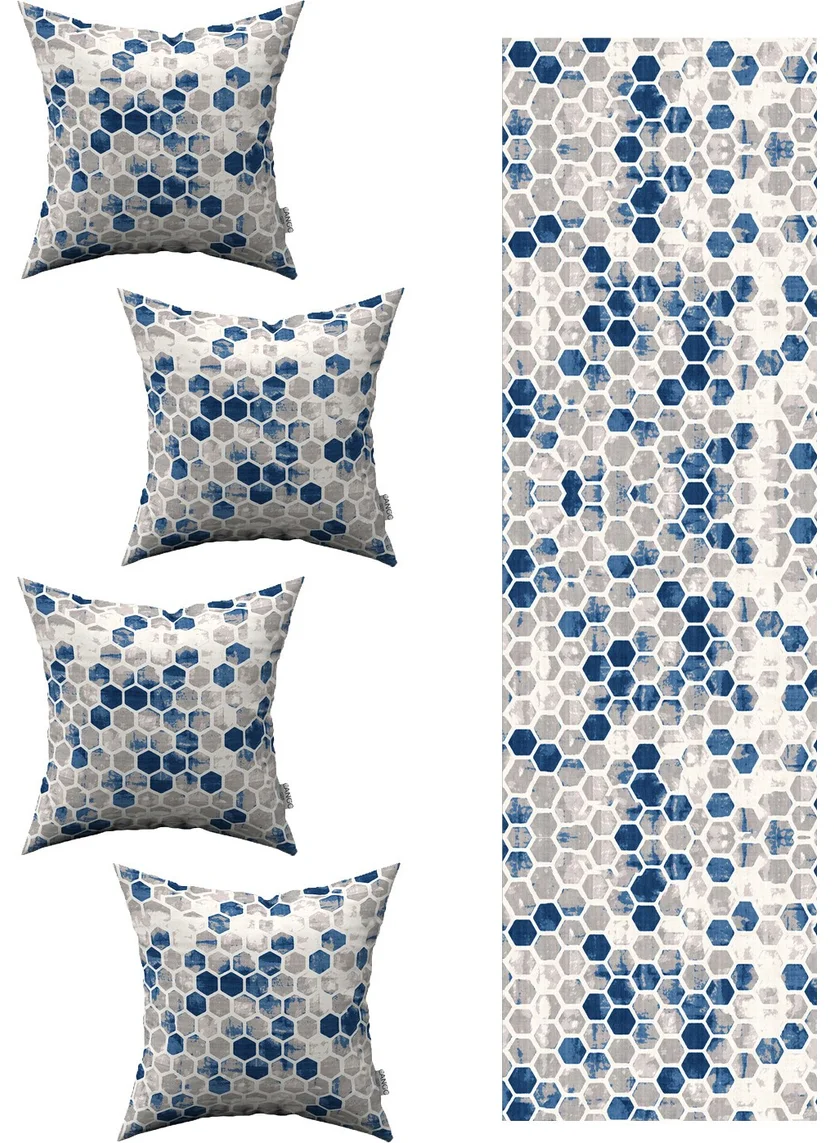 Cango Home Blue Gray Geometric Honeycomb Pattern 4-Piece Throw Pillow Cover 1 Runner Set 4KMBS95-RS
