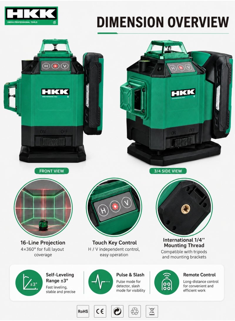 HKK 16-Line Laser Level 515nm Green Beam, ±1mm/7m High Accuracy, Self-Leveling ±3°, IP54 Dust & Water Resistant, Touch Key, Remote Control, 1/4 Inch Mount, Rechargeable Battery - Image 4