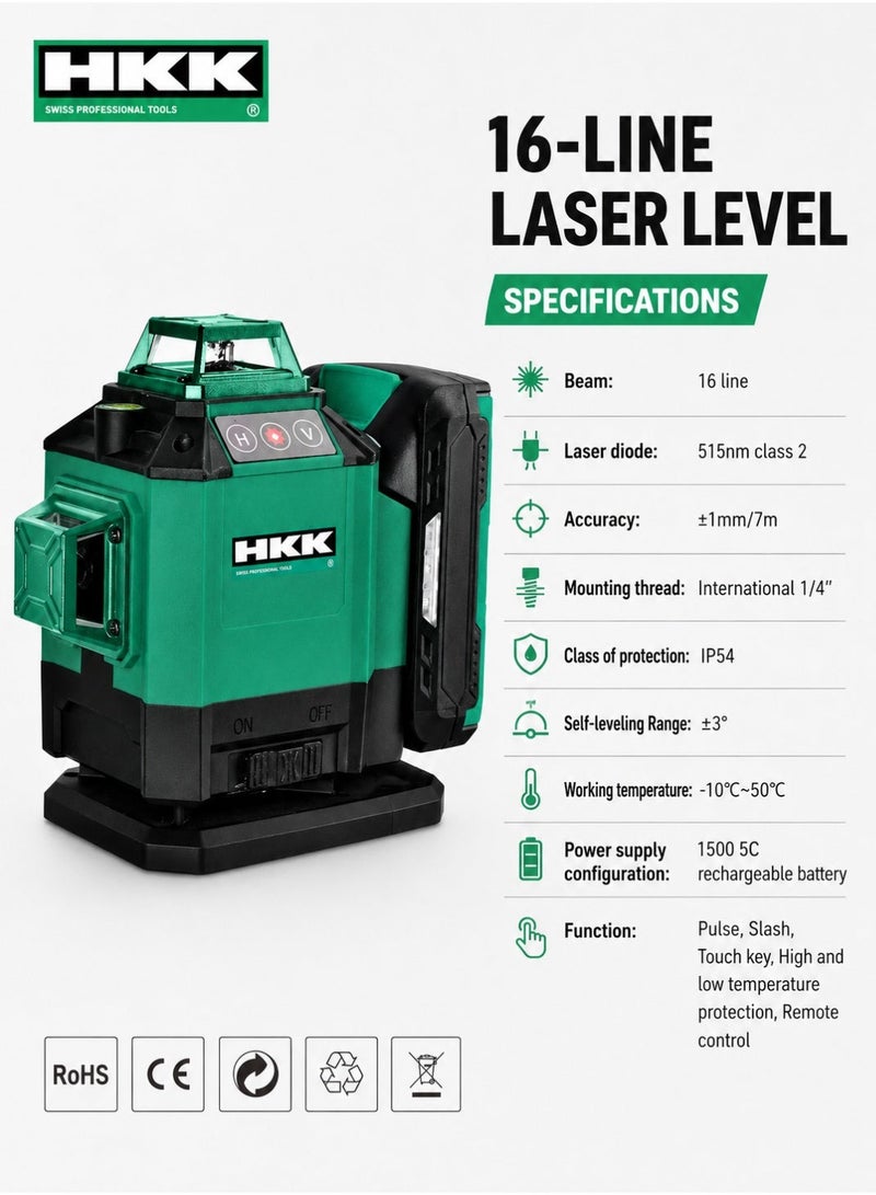 HKK 16-Line Laser Level 515nm Green Beam, ±1mm/7m High Accuracy, Self-Leveling ±3°, IP54 Dust & Water Resistant, Touch Key, Remote Control, 1/4 Inch Mount, Rechargeable Battery - Image 2