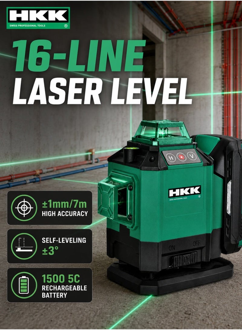 HKK 16-Line Laser Level 515nm Green Beam, ±1mm/7m High Accuracy, Self-Leveling ±3°, IP54 Dust & Water Resistant, Touch Key, Remote Control, 1/4 Inch Mount, Rechargeable Battery - Image 1