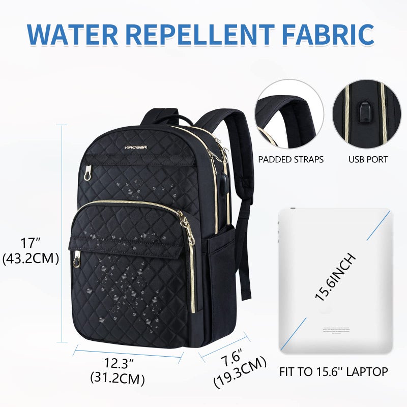 KROSER حقيبة ظهر كروسير للابتوب 15.6 بوصة حقيبة يومية أنيقة مع منفذ شحن USB، حقيبة نايلون مقاومة للماء للسفر/الأعمال/النساء/أسود - Image 4