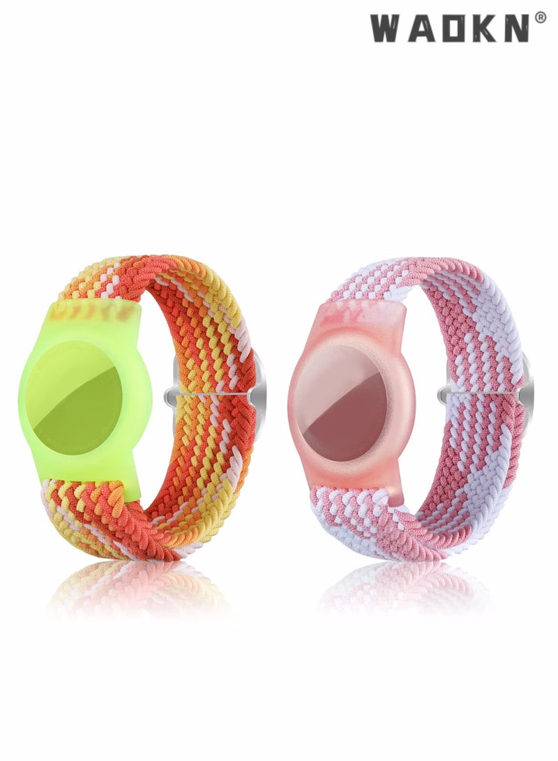 WAOKN 2 Pcs Kids Bracelet Strap Compatible with AirTag, Kids Holder Woven Wrist Strap Nylon Adjustable Anti-Loss Airtag Strap for Kids Seniors（Orange,White Pink） - Image 1