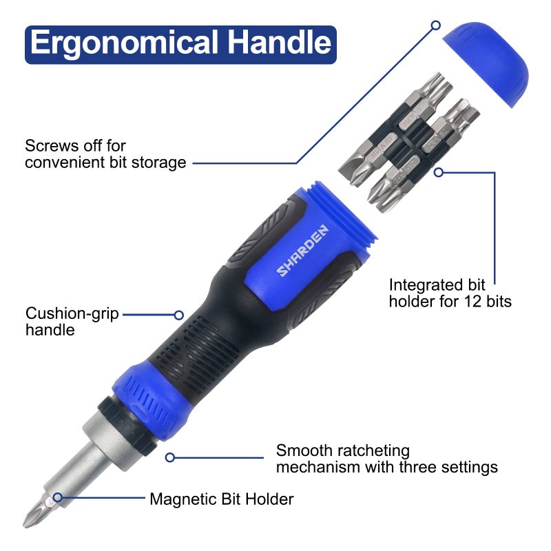 SHARDEN Ratcheting Screwdriver 13-in-1 Ratchet Screwdriver Set Multi Bit Screw Driver All in One Screwdriver with Torx Security, Flat Head, Phillips, Hex, Square and 1/4 Nut Driver - Image 3