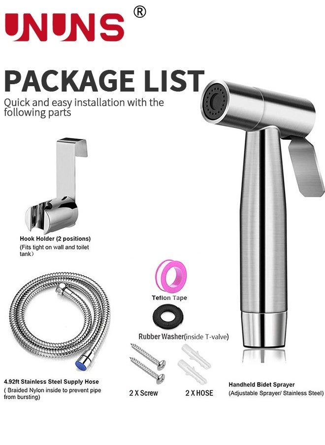 UNUNS Handheld Bidet Sprayer For Toilet,Stainless Steel Bathroom Sprayer Kit,3-Piece Bathroom Toilet Bidet Attachment Set For Bathing Pets Feminine Hygiene,Brushed silver  - Image 3