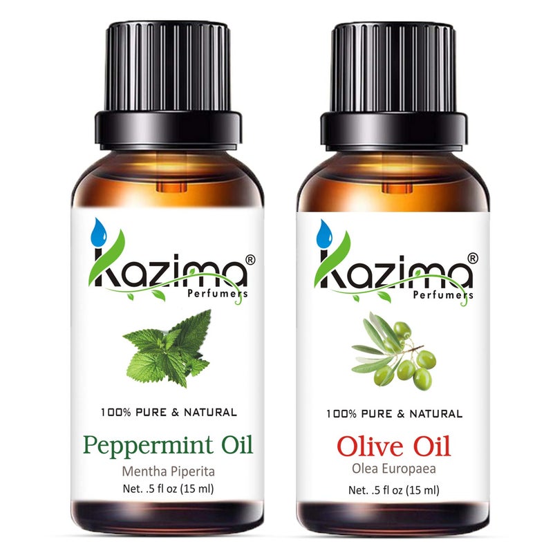 KAZIMA Combo of Peppermint Essential Oil and Olive Carrier Oil - 100% Pure & Natural Oil for Hair Growth, Skin Moisturizing, Massage, Headache, Cold & Cough, 15 ml each - Image 4