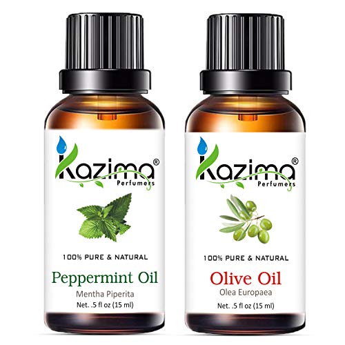 KAZIMA Combo of Peppermint Essential Oil and Olive Carrier Oil - 100% Pure & Natural Oil for Hair Growth, Skin Moisturizing, Massage, Headache, Cold & Cough, 15 ml each - Image 1