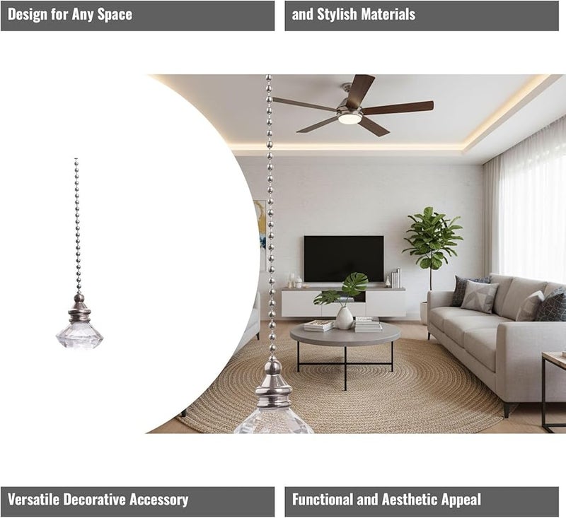 Clear Crystal Fan Pull Pendant with Metal Bead Chain 50 cm for Indoor Outdoor Ceiling Fan - Image 1