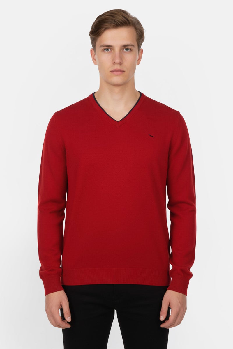Harmont & Blaine Men V Neck Embroidered Logo Sweater, Red - Image 1