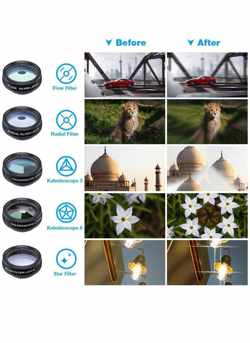 Phone Camera Lens Kit with 0.63X Wide Angle, 15X Macro, 198 Degree Fisheye, 2X Telephoto, CPL, Star Filter, Radial Filter, Flow Filter, Kaleidoscope 3, Kaleidoscope 6 Compatible with Android iPhone KS