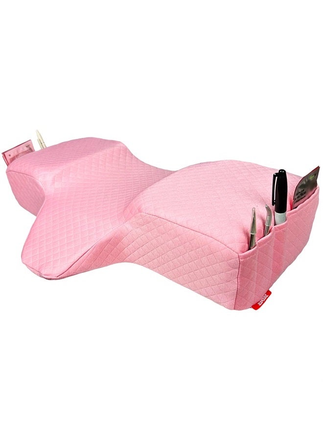 XOLLOZ Pillow for Eyelash Extensions - Curved Memory Foam Lash Bed Pillow with Neck and Back Support, Perfect Pillow for Eyelash Extensions, Two Pockets for Tools On The Sides of Pillow - Pink - Image 1