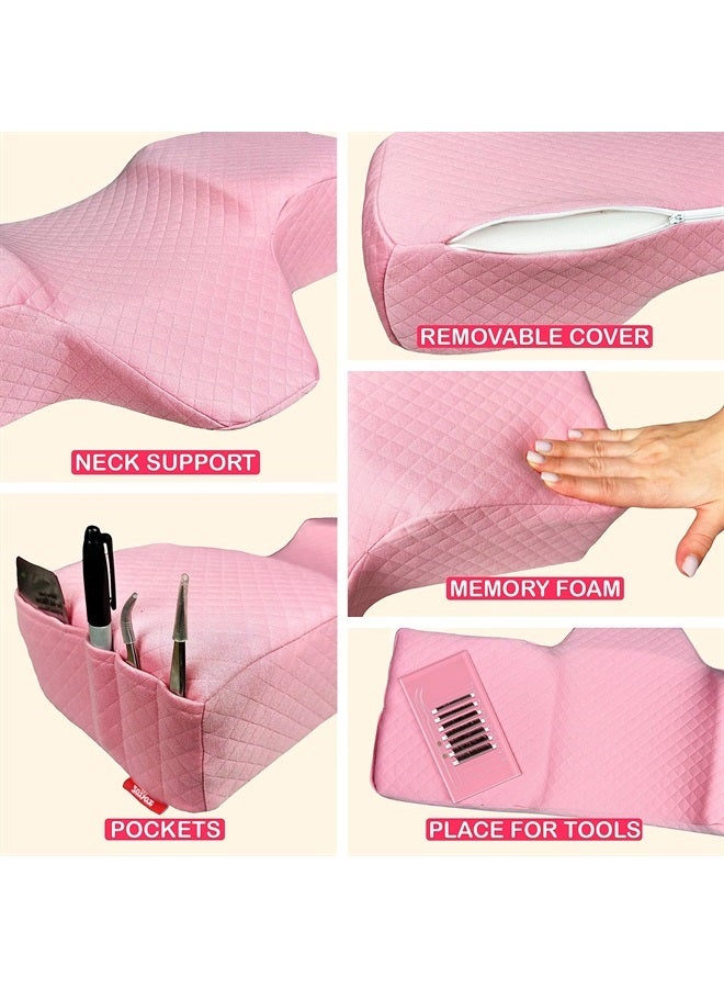 XOLLOZ Pillow for Eyelash Extensions - Curved Memory Foam Lash Bed Pillow with Neck and Back Support, Perfect Pillow for Eyelash Extensions, Two Pockets for Tools On The Sides of Pillow - Pink - Image 2