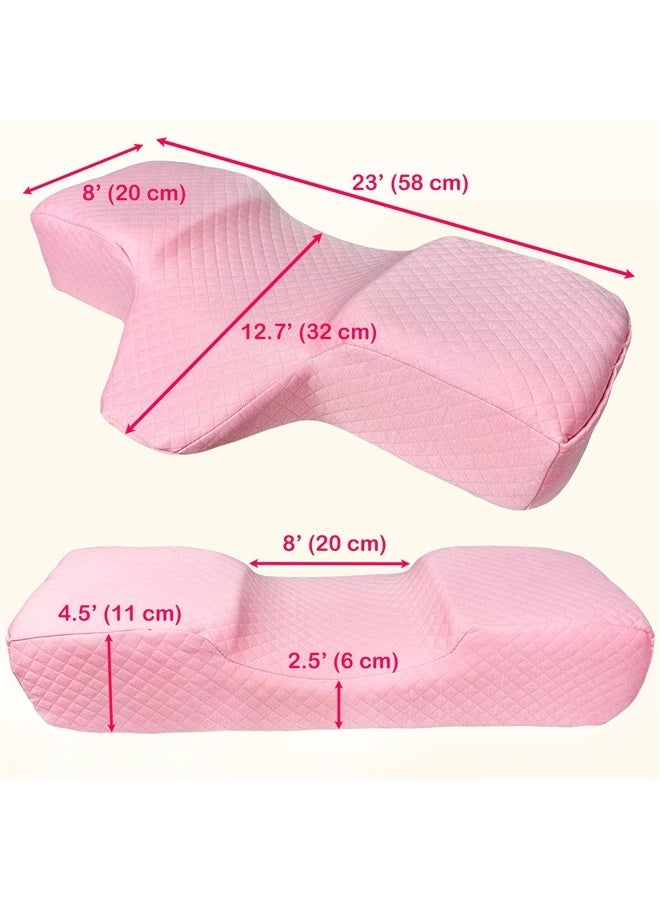 XOLLOZ Pillow for Eyelash Extensions - Curved Memory Foam Lash Bed Pillow with Neck and Back Support, Perfect Pillow for Eyelash Extensions, Two Pockets for Tools On The Sides of Pillow - Pink - Image 3