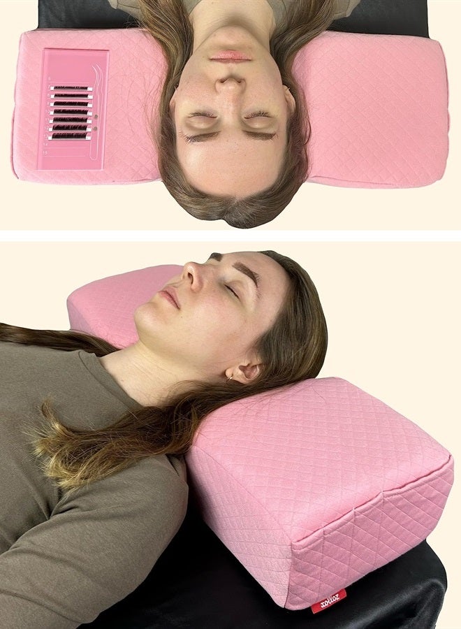 XOLLOZ Pillow for Eyelash Extensions - Curved Memory Foam Lash Bed Pillow with Neck and Back Support, Perfect Pillow for Eyelash Extensions, Two Pockets for Tools On The Sides of Pillow - Pink - Image 4