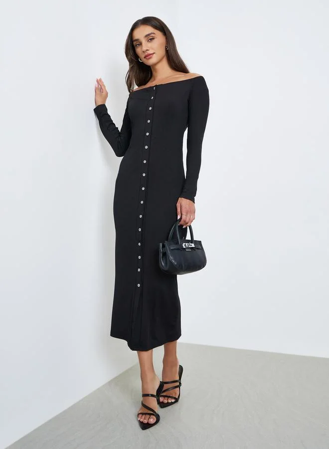 Black Off Shoulder Bodycon Midi Dress