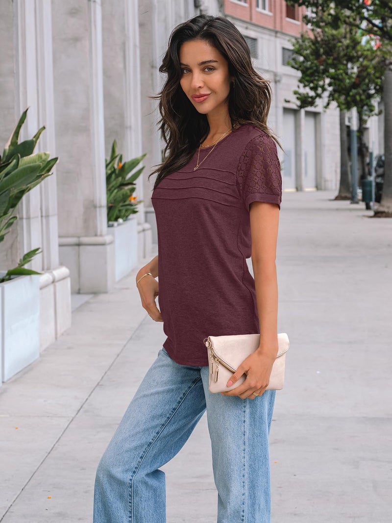AUTOMET Short Sleeve Shirts for Women Summer Tops 2026 Spring Fashion Dressy Casual Outfits Lace Trendy Top Cute Work T Shirt Business Vacation Clothes Blouses Wine Red XL - Image 3
