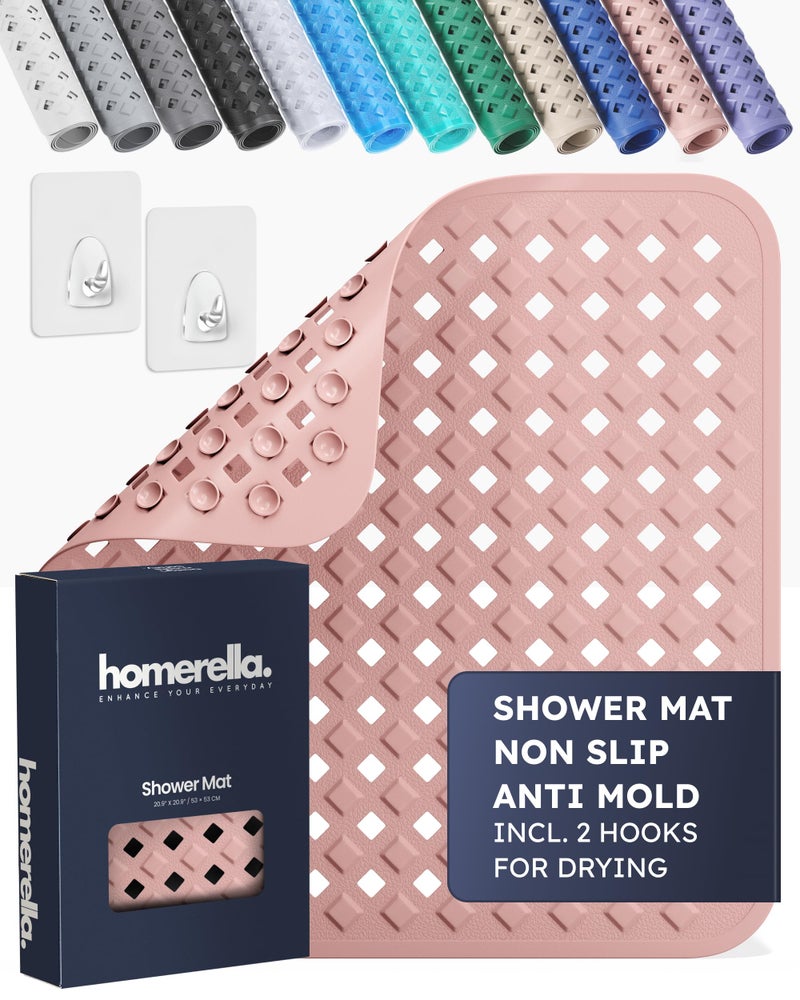 homerella® Shower Mat Non Slip Anti Mold, Non Slip Shower Mats for Inside Shower Stall Anti Slip Mat, Square Shower Floor Mat 21 x 21 in with Suction Cups & Hooks for Quick Drying, Machine Washable - Image 1