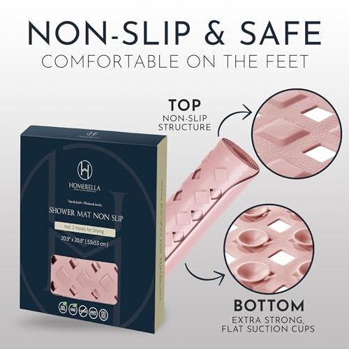 homerella® Shower Mat Non Slip Anti Mold, Non Slip Shower Mats for Inside Shower Stall Anti Slip Mat, Square Shower Floor Mat 21 x 21 in with Suction Cups & Hooks for Quick Drying, Machine Washable - Image 5