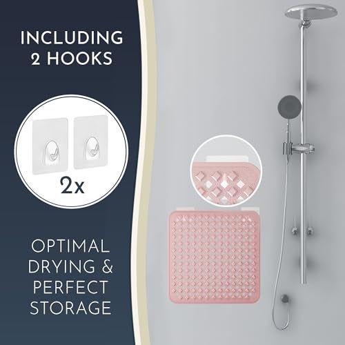 homerella® Shower Mat Non Slip Anti Mold, Non Slip Shower Mats for Inside Shower Stall Anti Slip Mat, Square Shower Floor Mat 21 x 21 in with Suction Cups & Hooks for Quick Drying, Machine Washable - Image 4