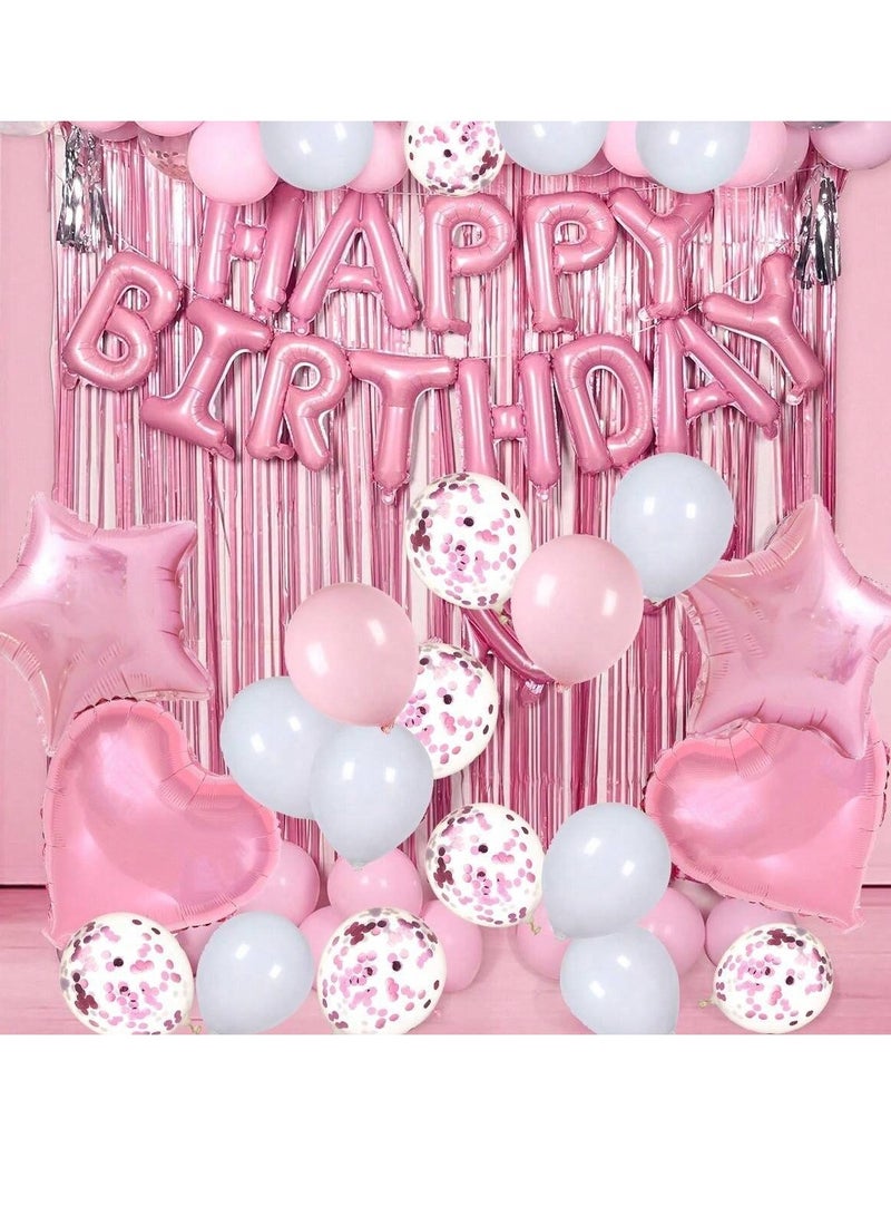 Happy Birthday Party Decorations Set - Pink Balloons, Confetti Balloons, Foil Curtains, and Stars  - Image 1