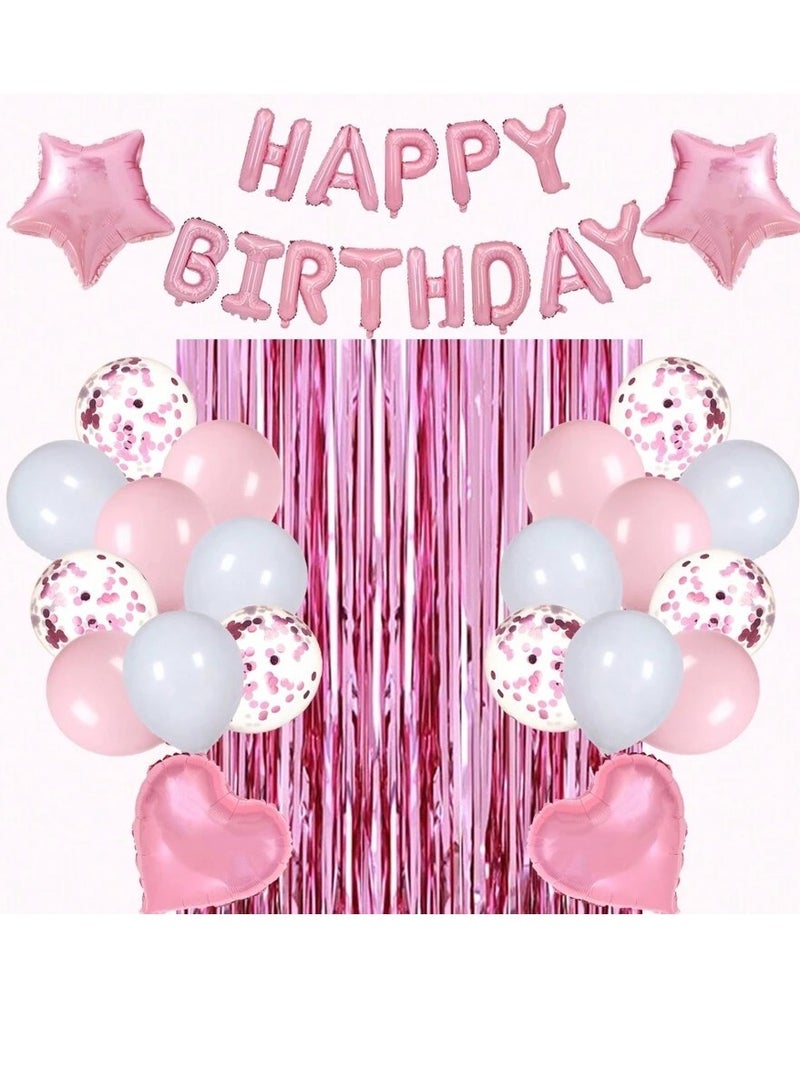 Happy Birthday Party Decorations Set - Pink Balloons, Confetti Balloons, Foil Curtains, and Stars  - Image 2