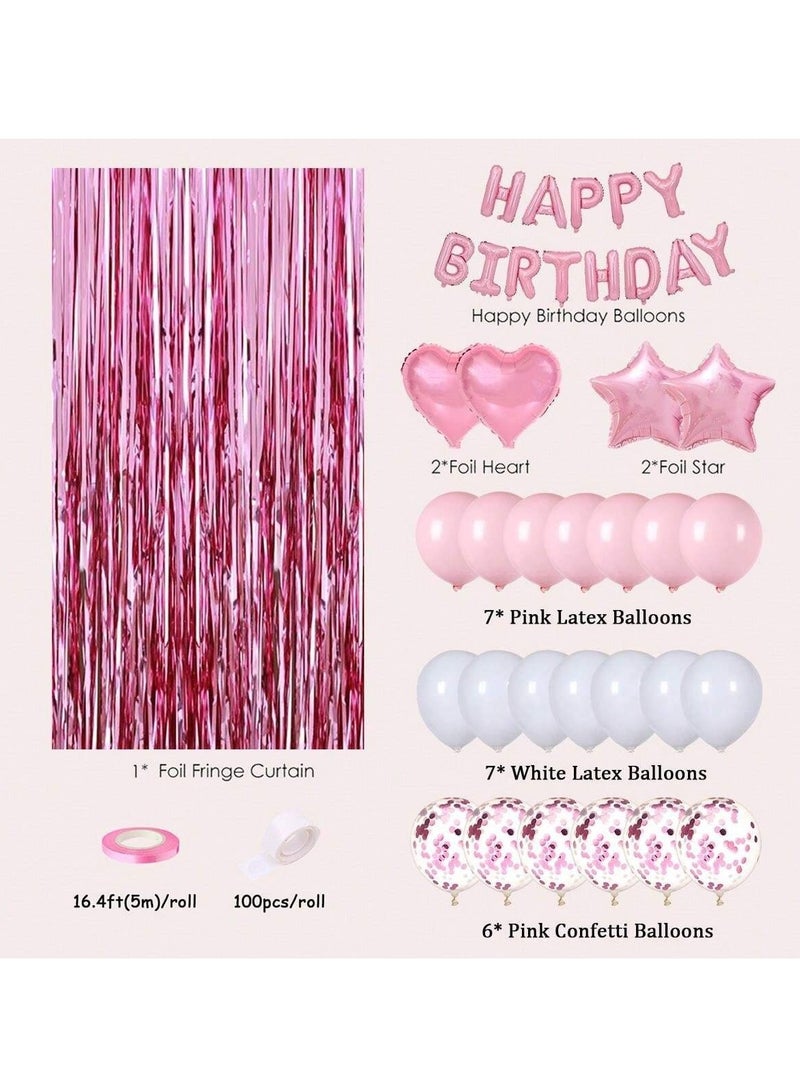 Happy Birthday Party Decorations Set - Pink Balloons, Confetti Balloons, Foil Curtains, and Stars  - Image 4