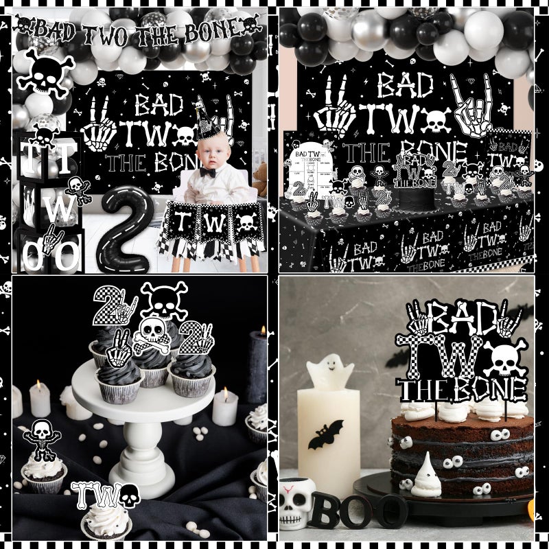 Dydamud 2nd Birthday Decorations for Boys, Bad Two The Bone Party Decorations with Backdrop Balloon Box Cake Cupcake Topper Tablecloth for Bad 2 The Bone Halloween 2 Year Old Birthday Party Decorations Boy - Image 5