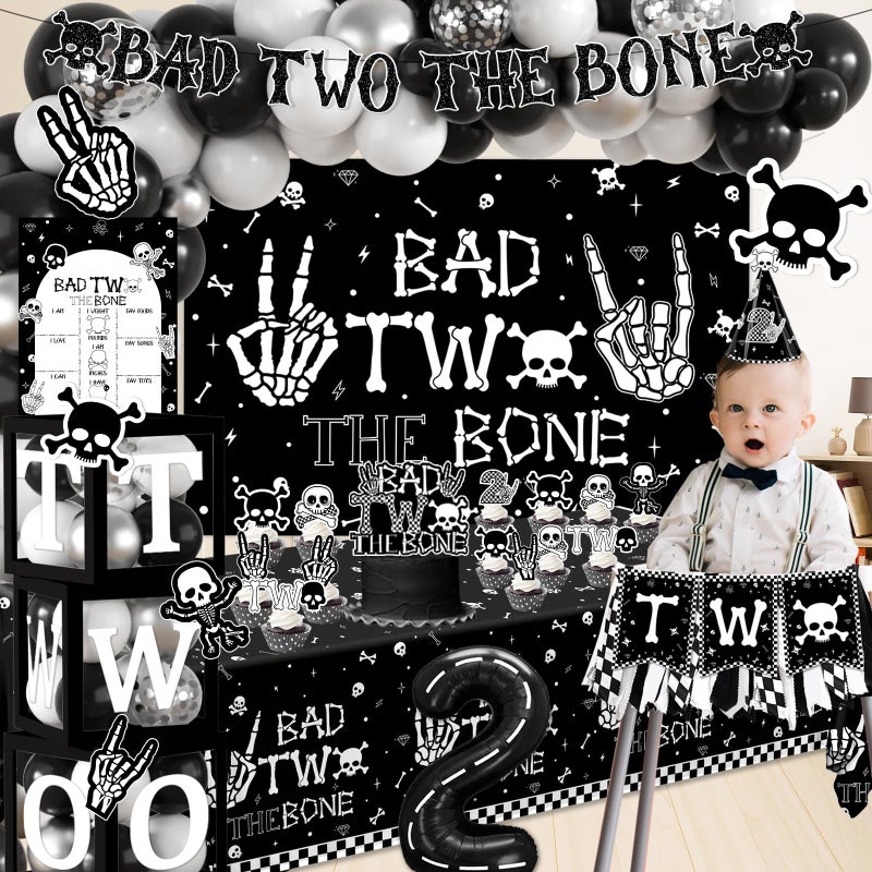 Dydamud 2nd Birthday Decorations for Boys, Bad Two The Bone Party Decorations with Backdrop Balloon Box Cake Cupcake Topper Tablecloth for Bad 2 The Bone Halloween 2 Year Old Birthday Party Decorations Boy - Image 4