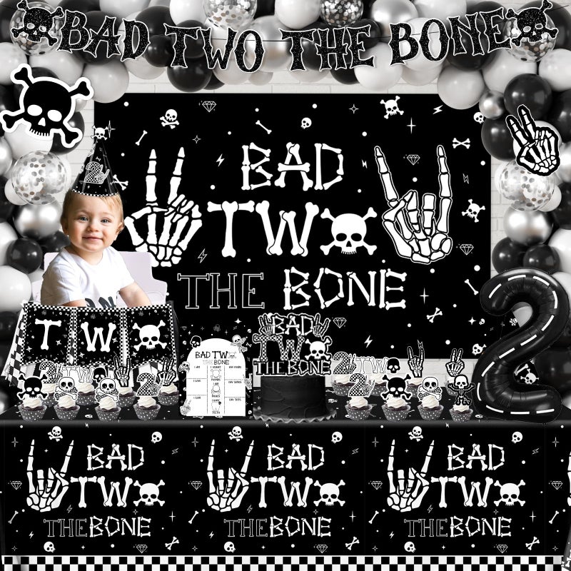 Dydamud 2nd Birthday Decorations for Boys, Bad Two The Bone Party Decorations with Backdrop Balloon Box Cake Cupcake Topper Tablecloth for Bad 2 The Bone Halloween 2 Year Old Birthday Party Decorations Boy - Image 3