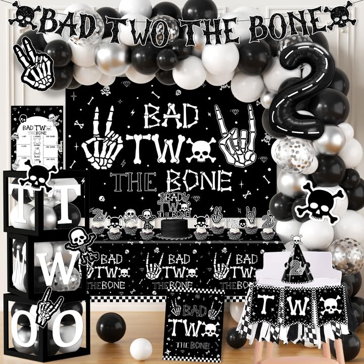 Dydamud 2nd Birthday Decorations for Boys, Bad Two The Bone Party Decorations with Backdrop Balloon Box Cake Cupcake Topper Tablecloth for Bad 2 The Bone Halloween 2 Year Old Birthday Party Decorations Boy - Image 1