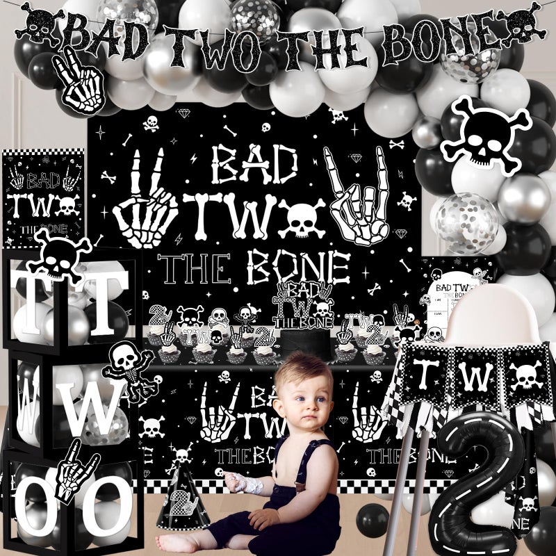 Dydamud 2nd Birthday Decorations for Boys, Bad Two The Bone Party Decorations with Backdrop Balloon Box Cake Cupcake Topper Tablecloth for Bad 2 The Bone Halloween 2 Year Old Birthday Party Decorations Boy - Image 2