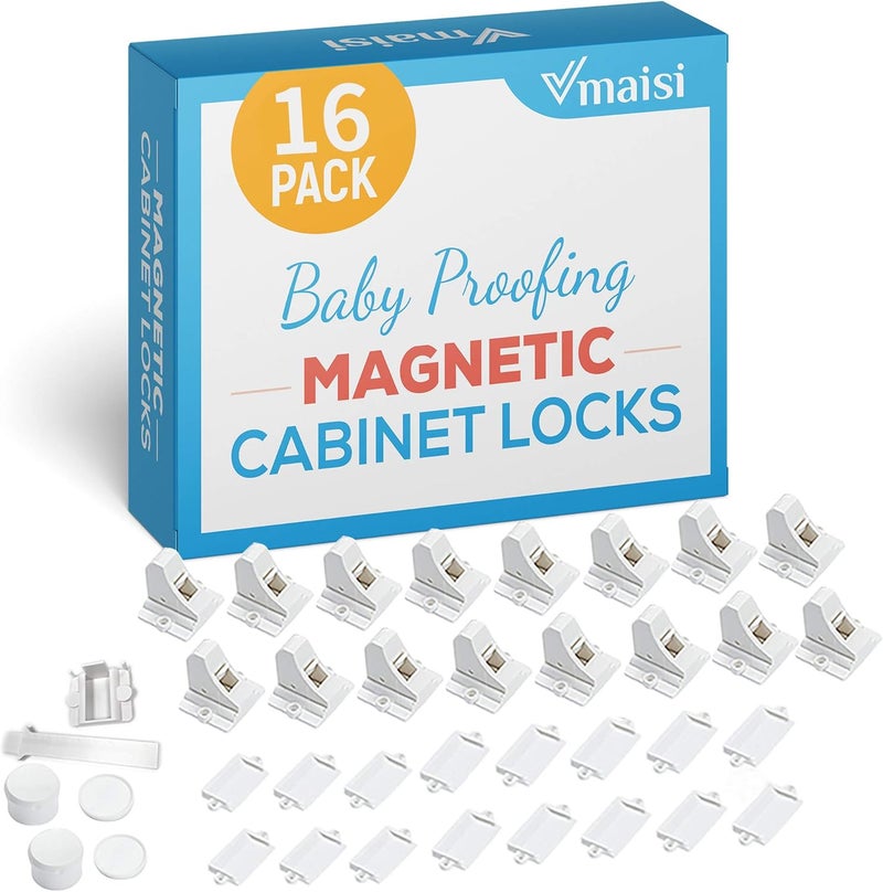 vmaisi Child Safety Magnetic Cabinet Locks - 16 Pack Children Proof Cupboard Baby Locks Latches - Adhesive for Cabinets & Drawers and Screws Fixed for Durable Protection - Image 1