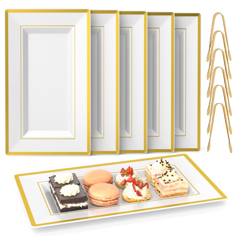 LUCKJUJU 6 Sets Plastic Serving Trays with Serving Tongs, White & Gold Rim Disposable Plastic Serving Platters for Food Fruit Dessert Tea Party Wedding - Image 1