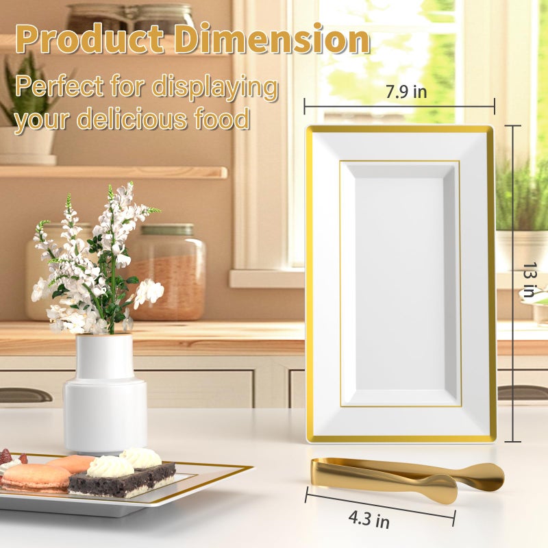 LUCKJUJU 6 Sets Plastic Serving Trays with Serving Tongs, White & Gold Rim Disposable Plastic Serving Platters for Food Fruit Dessert Tea Party Wedding - Image 2