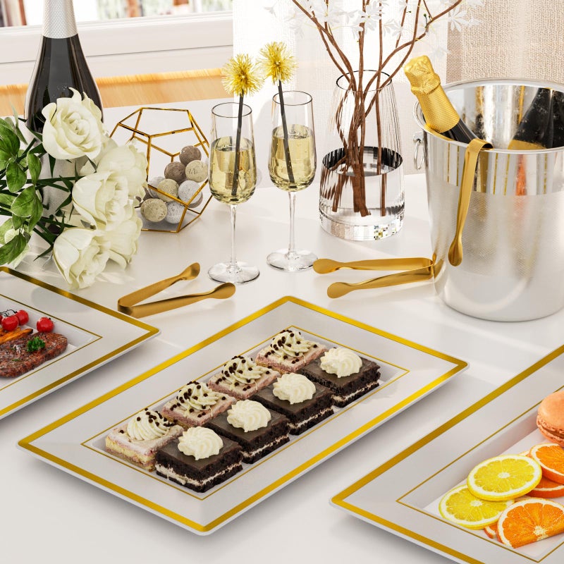 LUCKJUJU 6 Sets Plastic Serving Trays with Serving Tongs, White & Gold Rim Disposable Plastic Serving Platters for Food Fruit Dessert Tea Party Wedding - Image 3