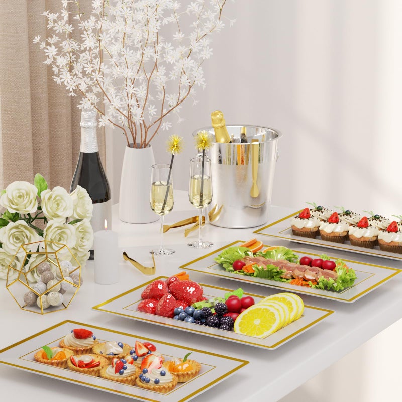 LUCKJUJU 6 Sets Plastic Serving Trays with Serving Tongs, White & Gold Rim Disposable Plastic Serving Platters for Food Fruit Dessert Tea Party Wedding - Image 5