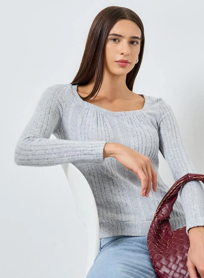 Take Two Solid Square Neck Long Sleeve Ribbed Top