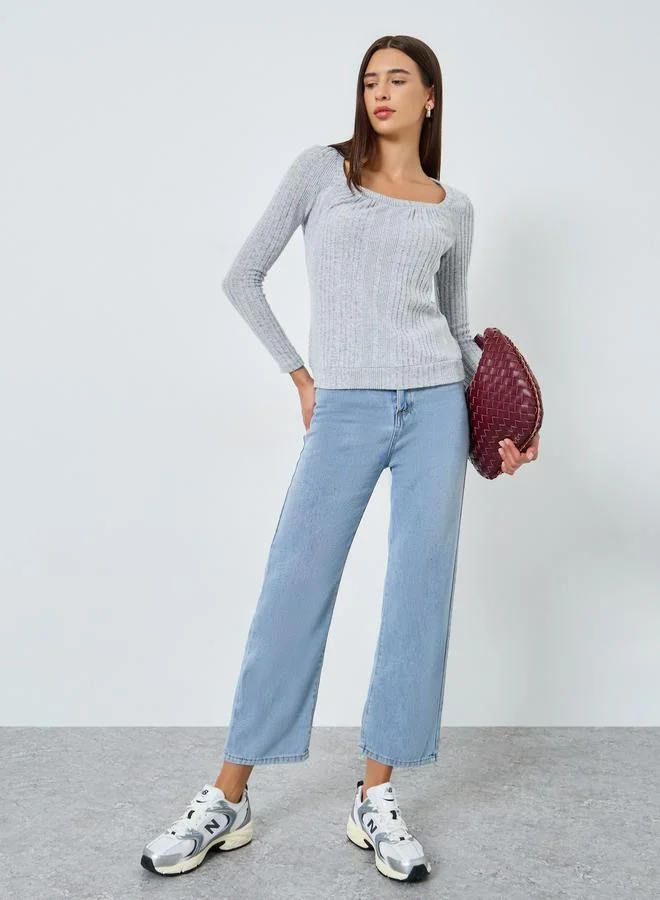 Take Two Solid Square Neck Long Sleeve Ribbed Top