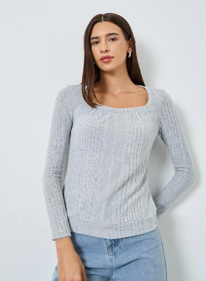 Take Two Solid Square Neck Long Sleeve Ribbed Top