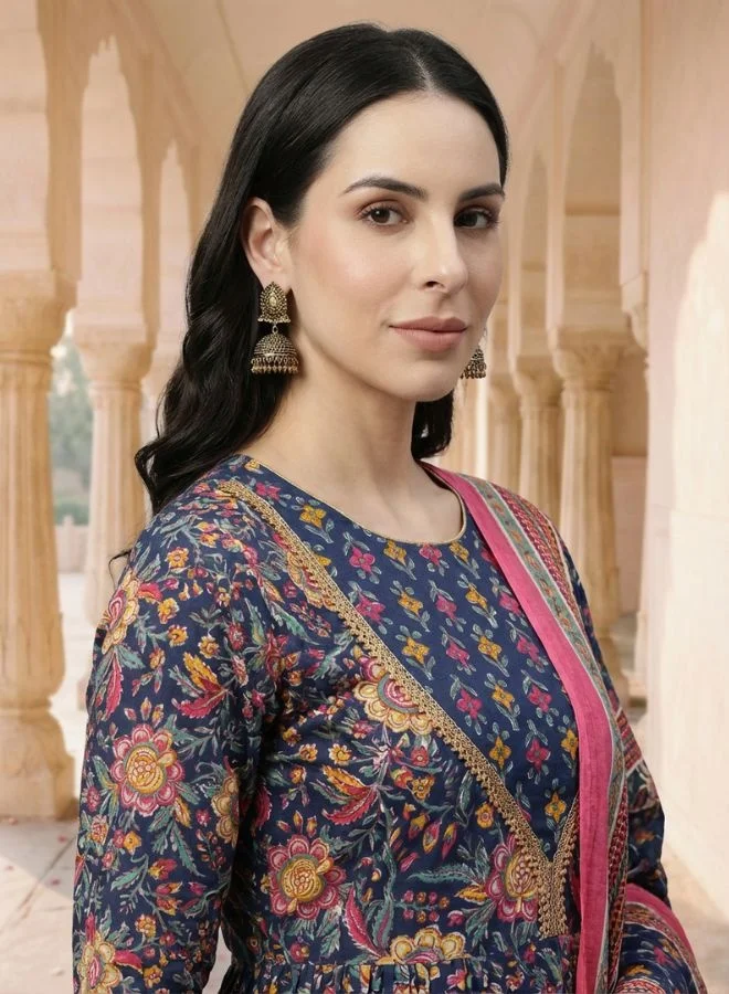 Yuris Yuris Women Navy Blue Floral Printed Gotta Patti Pure Cotton Kurta with Trousers  With Dupatta