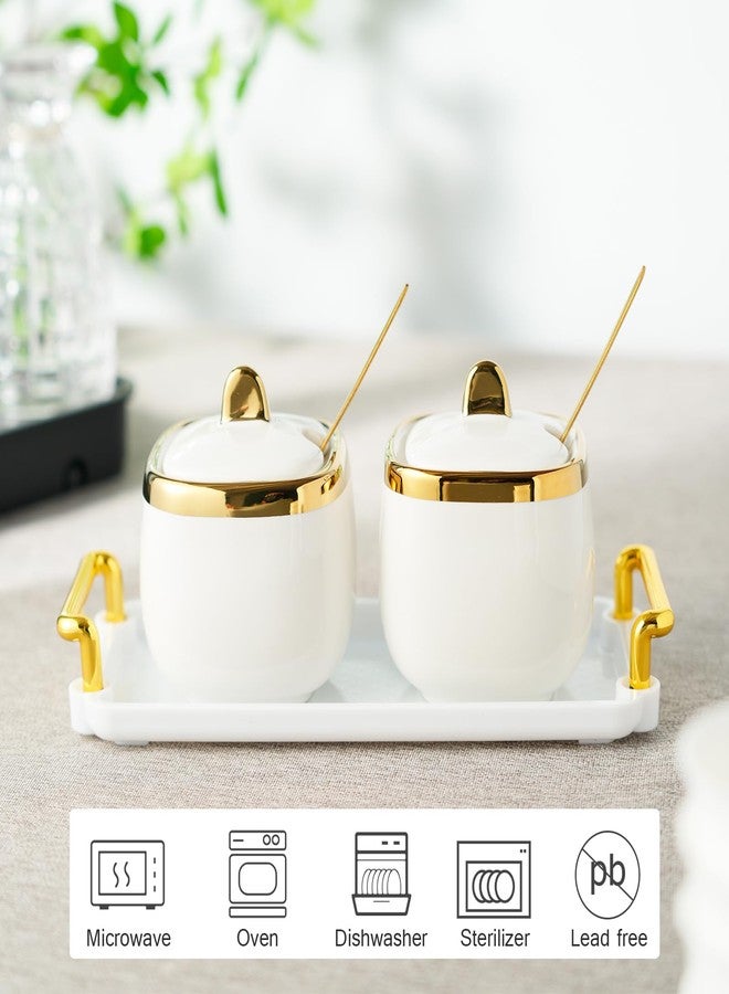 EABOSON Ceramic Sugar Bowl 2 Pack, Porcelain Seasoning Jar with Tray, Spoon and Lid for Sugar, Pepper, Coffee, Spice, Salt (Gold) - Image 3