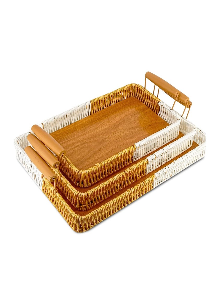 طقم من 3 صواني تقديم مزخرفة من الخيزران الطبيعي - Image 1