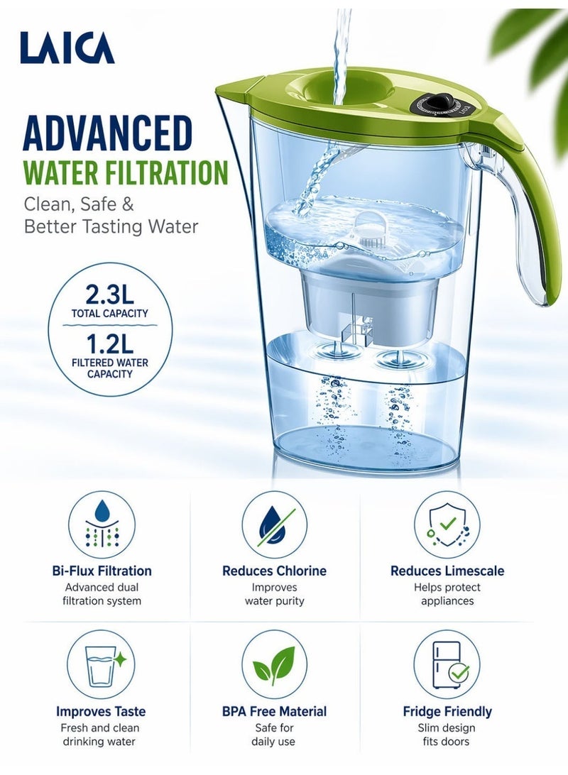 LAICA Water Filter Jug 2.3L Stream Line Fridge Door Pitcher with Bi-Flux Filtration Cartridge Quick Fill Lid Manual Indicator BPA Free Transparent Water Purifier Jug for Home Kitchen Drinking Water Clean Safe Water Made in Italy - Image 2