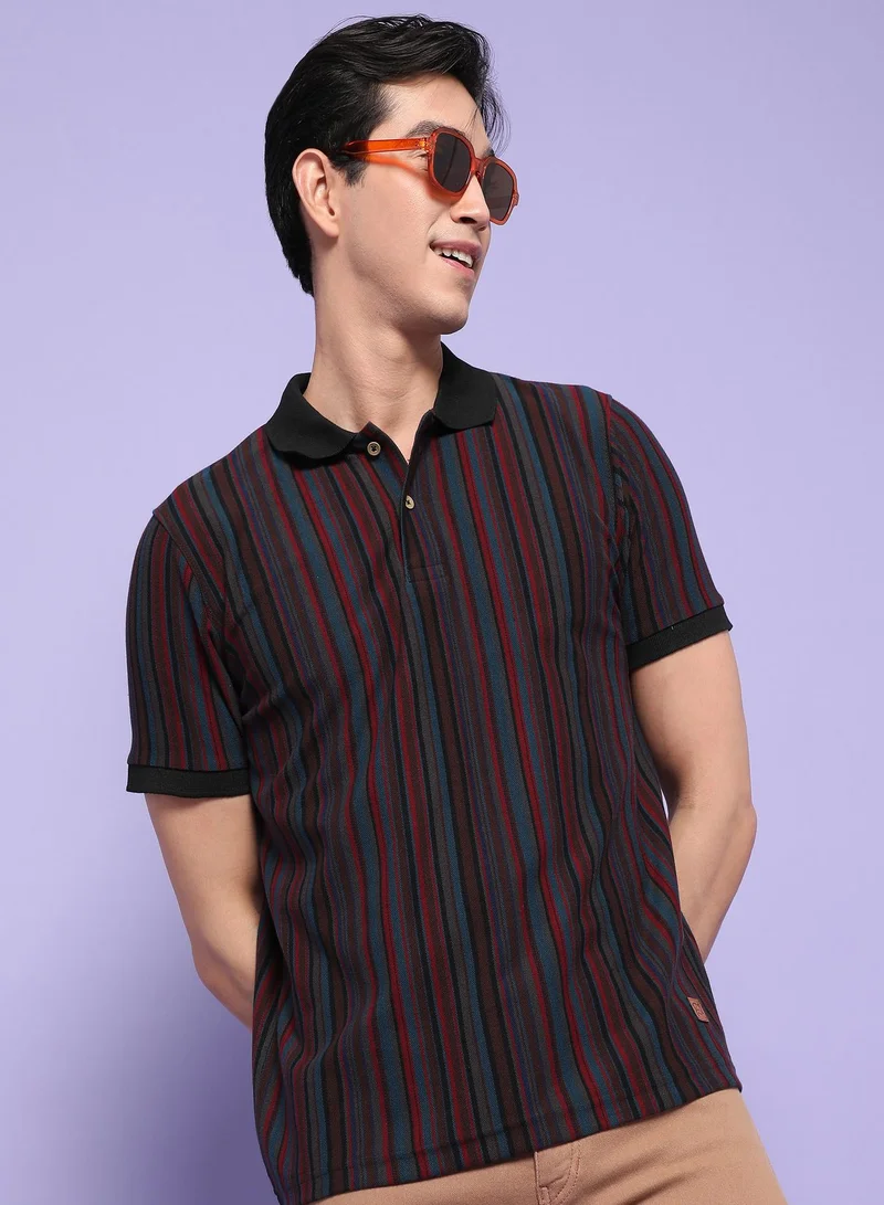 Campus Sutra Men's Multicolour Striped Short Sleeve Regular Fit Casual Polo T-Shirt For Casual Wear | Modern Clothing T-Shirt Crafted With Comfort Fit And High-Performance For Everyday Wear